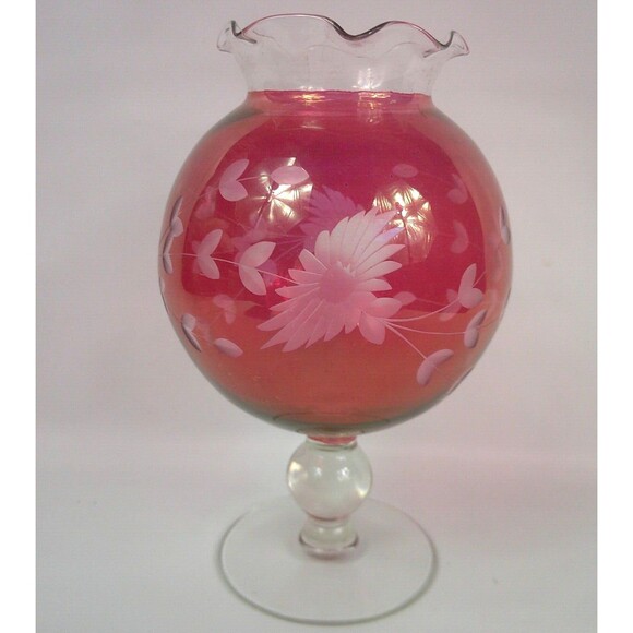 Vintage Cranberry Floral Etched Glass Fluted Globe Pedestal Vase 8 Inch - Picture 1 of 4